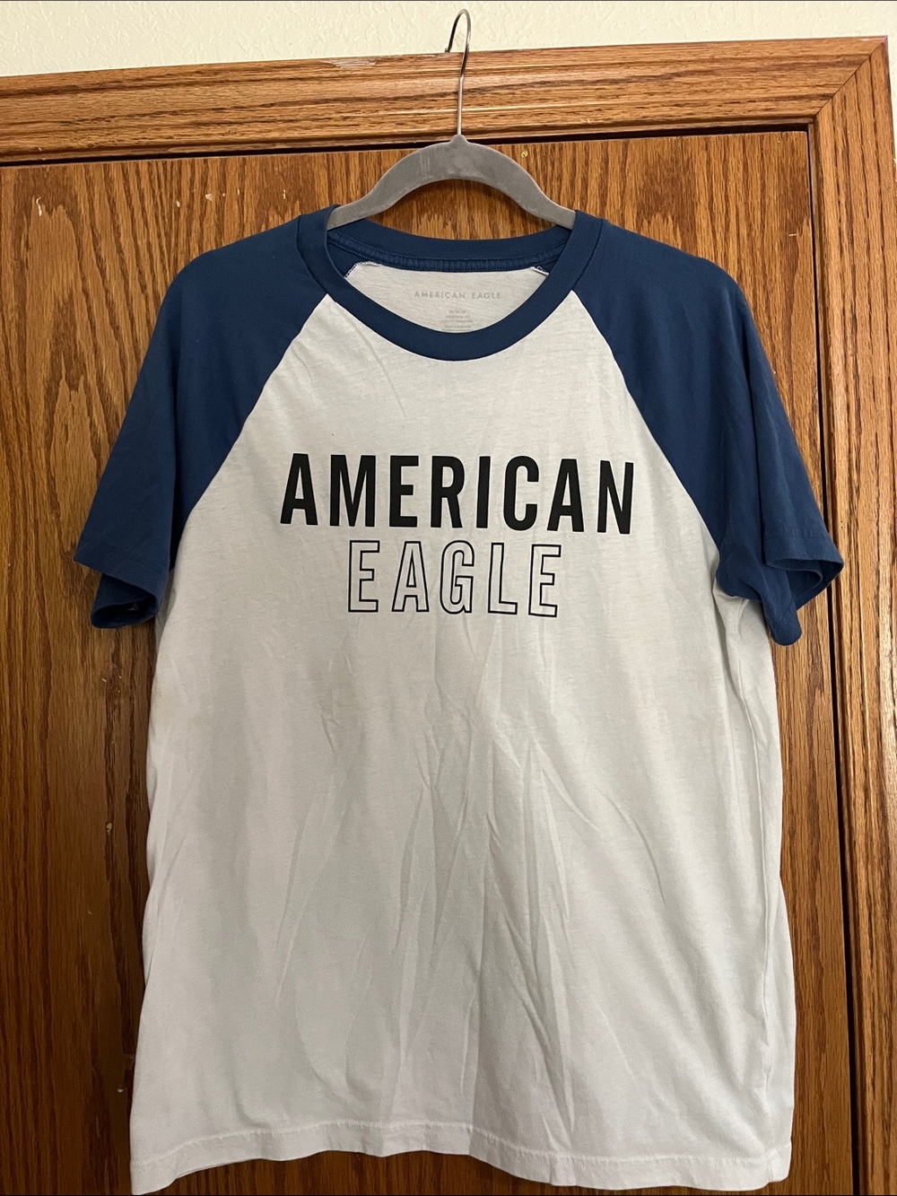 American Eagle Outfitters White & Navy Raglan Logo Tee